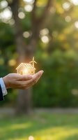 Businessman hand holding glowing eco house model with solar panels and wind turbine representing sustainable energy and green real estate investment.