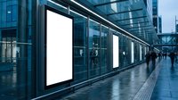 Urban bus stop with blank white billboard mockups on glass wall at night, wet pavement reflecting city lights, people walking by.