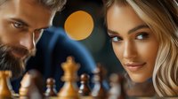 Diverse young woman and bearded man playing chess match with dramatic lighting and golden bokeh effect, focused on strategy and competition.