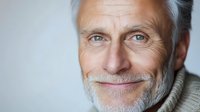 Mature Caucasian male with gray hair and beard wearing beige sweater smiling warmly at camera against light background, expressing confidence and wisdom in professional portrait.