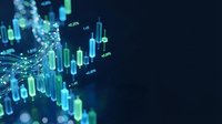 Financial market data visualization with glowing blue and green candlestick charts displaying stock price movements and trading analytics on dark background.