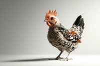 Speckled bantam rooster with bright orange comb standing on white background, isolated for agricultural and farm-related design projects.