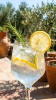 Refreshing gin tonic with lemon slices, ice, and rosemary sprig in a wine glass, served outdoors on a sunny summer terrace.
