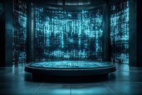 Futuristic circular platform surrounded by glowing blue digital matrix code walls creating sci-fi atmosphere for technology and cybersecurity concepts.