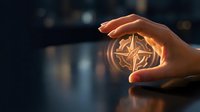 Close-up of hands holding glowing golden star symbol with warm light against dark blurred background, representing guidance, spirituality, success and inspiration for business concepts.
