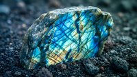 Raw labradorite gemstone with brilliant blue and gold flash displaying natural iridescent colors on dark volcanic rock surface for jewelry and mineral collection.