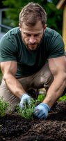 Caucasian male gardener in green t-shirt and protective gloves planting herbs in garden soil during spring season. Focus on hands working with fresh seedlings.