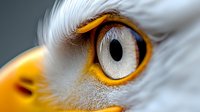 Close-up of snowy owl eye with striking orange iris and white feathers, wildlife photography showing intricate detail and natural beauty of arctic bird.