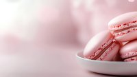 Pink macarons with delicate filling served on white ceramic plate against soft blurred background, creating romantic pastel mood for food photography and design.
