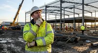 Construction supervisor in safety gear talking on phone at industrial building site with steel framework and crane in background.