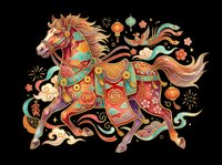 Ornate Chinese zodiac horse with colorful traditional patterns, lanterns, and florals, isolated on transparent background. Great for stickers, T-shirts, and print on demand.