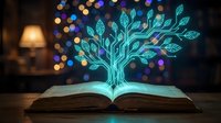 Glowing neon tree with circuit board branches emerging from open book against blurred bokeh lights, representing knowledge, technology, learning, and digital innovation for educational and tech concepts.