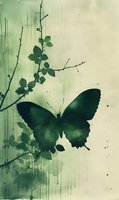 Emerald green butterfly silhouette against soft background with delicate branch silhouettes and leaves creating ethereal nature atmosphere. For wall art and design.