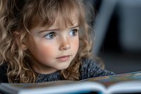 Adorable young girl with curly blonde hair and blue eyes reading book, focused expression, early childhood education and learning development.