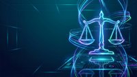 Digital justice scales with glowing neon lines on dark blue background. Modern legal technology concept for law firms and judicial system presentations.