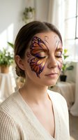 Young woman with artistic butterfly face paint in orange and purple colors for party entertainment and creative makeup events.