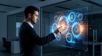 Professional businessman interacting with futuristic holographic interface displaying digital security icons and data visualization in modern office.