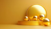Luxurious golden spheres and circular backdrop on yellow podium against monochromatic background, modern minimal composition for product display presentation.