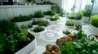 Modern indoor garden with white circular planters arranged in geometric pattern on light floor, featuring fresh herbs and decorative plants growing in organized layout.