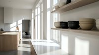 Bright minimalist kitchen with wooden cabinetry, white countertops, floating shelves displaying ceramic bowls, and abundant natural light from large windows creating a clean, contemporary interior design space.