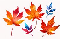 Vibrant watercolor autumn maple leaves in orange and red hues with decorative blue botanical elements on white background, isolated design elements for seasonal decor.