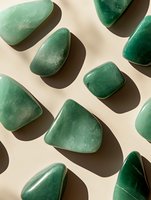 Green aventurine crystal stones arranged in diagonal pattern on beige background with natural shadows, minimal composition for wellness and healing concepts.