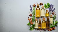 Natural essential oils in glass bottles with aromatic herbs and spices on textured background for aromatherapy and wellness treatments.