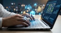 Smart home technology concept with hands typing on laptop displaying digital house icons and security symbols for modern automation and connectivity.