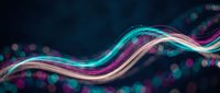 Abstract flowing wave with vibrant neon colors and bokeh lights on dark background for modern digital design and technology concepts.