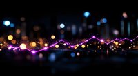 Glowing purple line graph with sparkles against dark cityscape background with colorful bokeh lights creating magical financial data visualization effect.