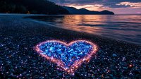 Glowing heart shape made of blue bioluminescent plankton on dark beach at sunset, with dramatic purple sky and mountain silhouettes reflecting in calm ocean waters.