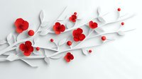 Red flowers and white leaves in layered paper art style, creating dimensional floral composition for wall decor and design projects.