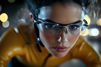 Close-up portrait of a young woman with dark hair wearing protective eyewear and a yellow jacket, set against blurred bokeh lights in an urban nighttime setting.