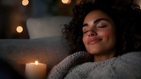 Young African American woman relaxing with eyes closed on couch, wrapped in cozy blanket with glowing candle and soft bokeh lights creating peaceful evening atmosphere.