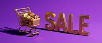 Golden shopping cart filled with boxes next to bold SALE text on vibrant purple background, perfect for retail promotions.