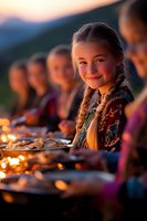 Young girl with braided hair smiling at outdoor dinner gathering, holding plate of food at sunset. Warm golden lighting creates magical atmosphere at family celebration.
