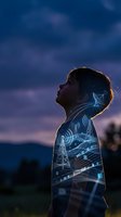 Young man silhouette with glowing digital network overlay against twilight sky representing connectivity and modern technology communication.