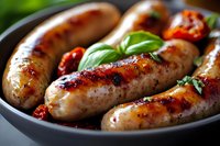 Grilled sausages with roasted cherry tomatoes and fresh basil leaves served in dark plate, close up view with selective focus. Juicy meat with charred marks.