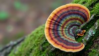 Colorful bracket fungus with rainbow striped pattern growing on moss-covered tree bark in forest environment for nature and mycology concepts.