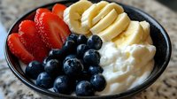 Fresh fruit bowl with sliced strawberries, bananas and blueberries served with creamy yogurt in dark ceramic bowl on granite counter surface.