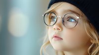 Young blonde Caucasian girl wearing round glasses and black beret looking up thoughtfully with curious expression in soft natural light for education concepts.