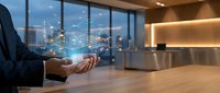 Businessman holding holographic network connections in modern office with city skyline view at night, representing digital transformation and connectivity.
