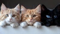 Three adorable cats with different fur colors - white, ginger and black - peeking over white surface, showing paws. Close up portrait of feline companions.