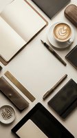 Minimalist workspace flat lay with coffee cup, notebooks, tablet and wooden stationery on neutral background for business branding and productivity concepts.