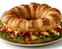 Freshly baked croissant sandwich filled with crispy bacon strips, melted cheddar cheese and green lettuce leaves on white ceramic plate, close up food photography.