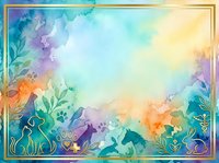 Watercolor floral frame with vibrant gradient background in rainbow hues, featuring botanical elements and decorative gold border, suitable for invitations and greeting cards.