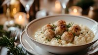 Homemade meatballs with creamy sauce and mashed potatoes garnished with fresh dill in white ceramic bowl, romantic dinner setting with candles in background.