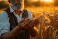 Senior farmer examining golden wheat ears at sunset in field, wearing traditional vest. Agricultural quality control and harvest inspection concept in warm evening light.