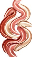 Swirling cosmetic cream smears in rose, terracotta and gold tones on white background, showcasing luxurious makeup texture and blending.