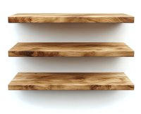 Empty wooden shelves isolated on white background. Natural oak wood texture with live edge design shows authentic grain pattern and rustic character.